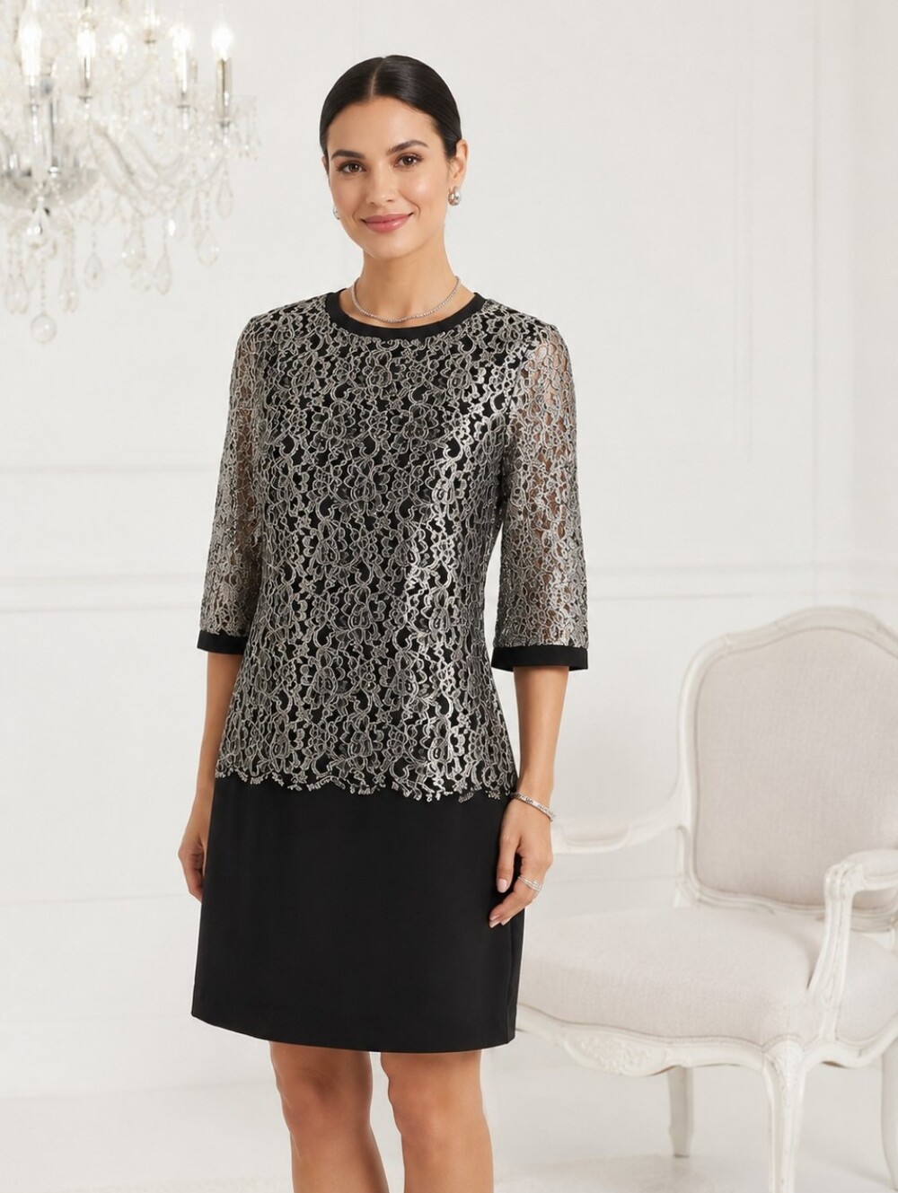 Ted Baker Metallic Lace Silver Black cocktail dress